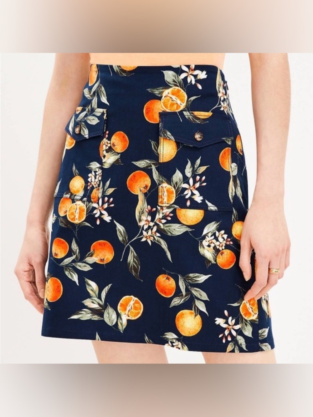 LOFT Navy Blue Orange Fruit Harvest Button Pocket Shift Skirt Size 2 Stretch